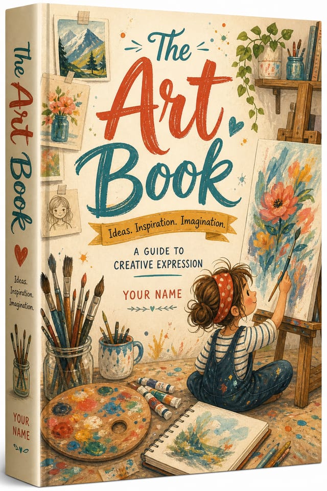 Art Book Cover — illustration style book cover, featuring paintbrushes, palette, canvas, creative imagery