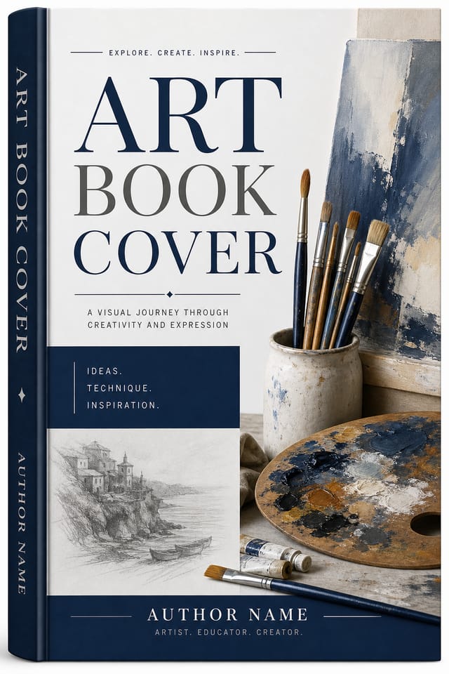 Art Book Cover — corporate style book cover, featuring paintbrushes, palette, canvas, creative imagery