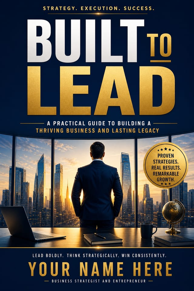 Business Book Cover — vibrant style book cover, featuring professional office imagery, suit silhouettes, navy and gold palette