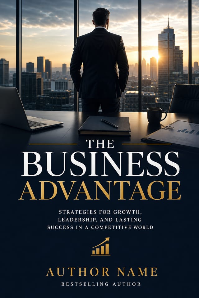 Business Book Cover — photo-realistic style book cover, featuring professional office imagery, suit silhouettes, navy and gold palette