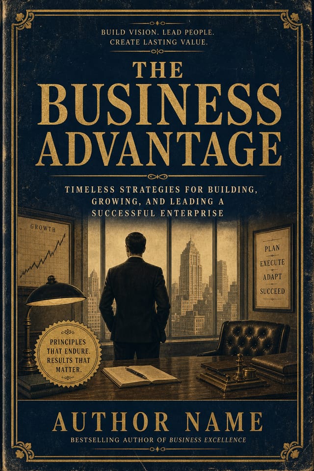 Business Book Cover — vintage style book cover, featuring professional office imagery, suit silhouettes, navy and gold palette
