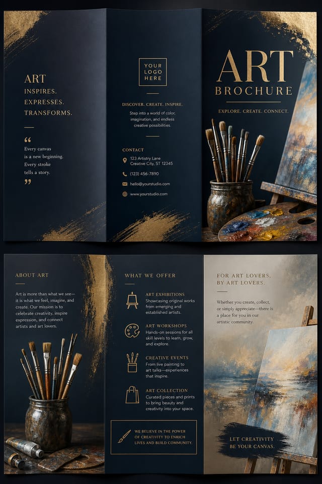 Art Brochure — elegant style brochure cover, featuring paintbrushes, palette, canvas, creative imagery