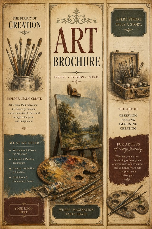 Art Brochure — vintage style brochure cover, featuring paintbrushes, palette, canvas, creative imagery