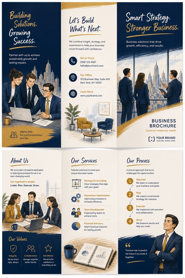 Business Brochure — illustration style brochure cover, featuring professional office imagery, suit silhouettes, navy and gold palette
