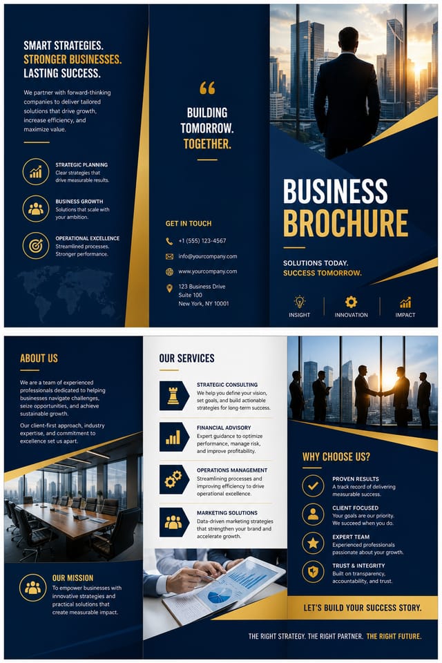 Business Brochure — vibrant style brochure cover, featuring professional office imagery, suit silhouettes, navy and gold palette