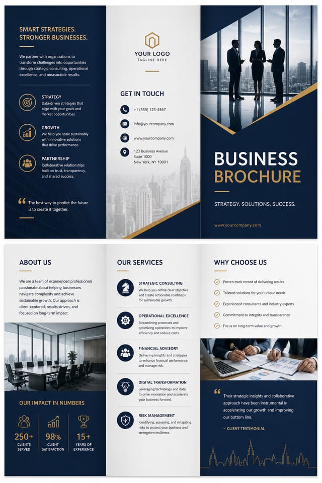 Business Brochure — corporate style brochure cover, featuring professional office imagery, suit silhouettes, navy and gold palette