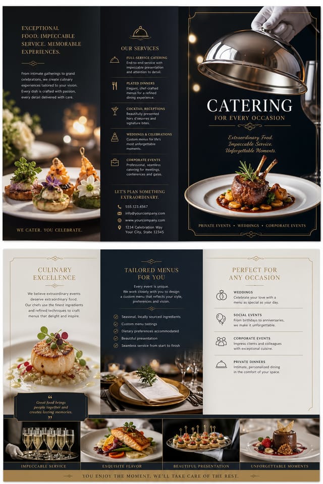 Catering Brochure — elegant style brochure cover, featuring gourmet plated dishes, silver service trays, elegant typography