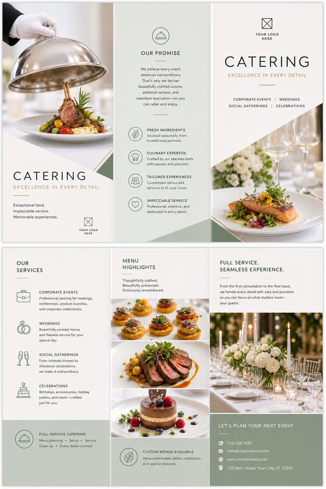 Catering Brochure — modern style brochure cover, featuring gourmet plated dishes, silver service trays, elegant typography