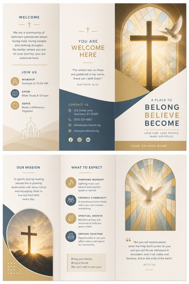 Church Brochure — modern style brochure cover, featuring cross, stained glass, dove, warm divine palette