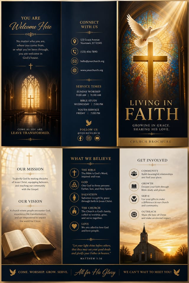 Church Brochure — elegant style brochure cover, featuring cross, stained glass, dove, warm divine palette