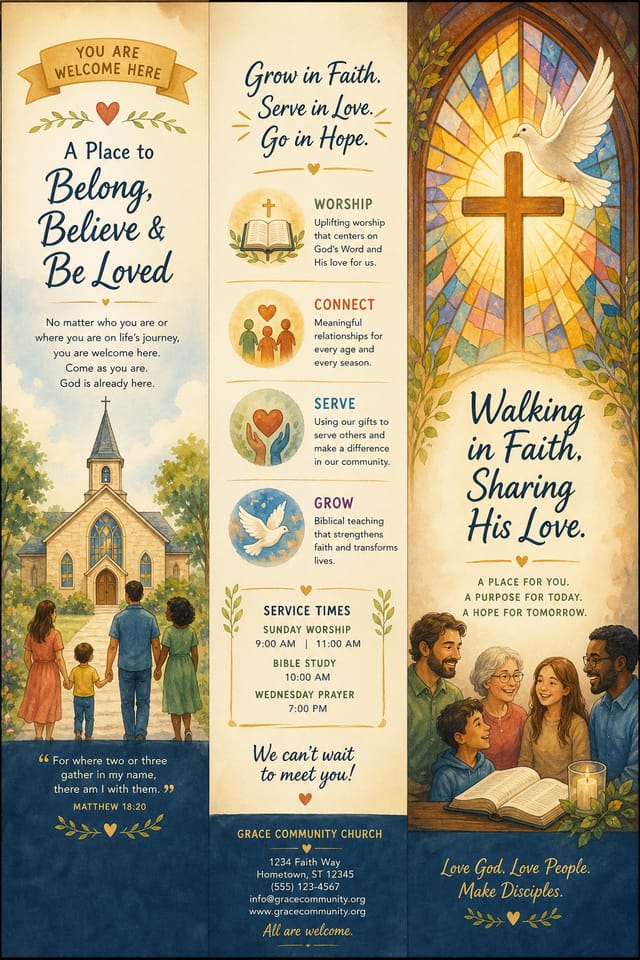 Church Brochure — illustration style brochure cover, featuring cross, stained glass, dove, warm divine palette