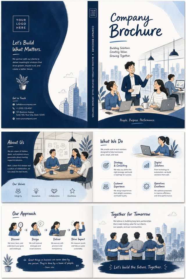 Company Brochure — illustration style brochure cover, featuring corporate office, abstract gradient, navy and white palette
