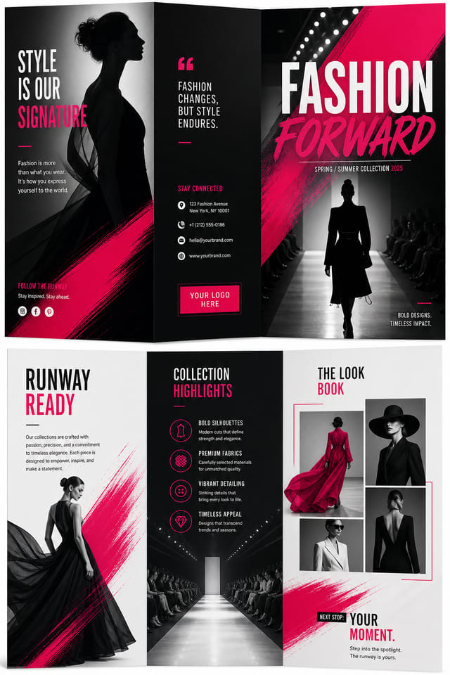 Fashion Brochure — vibrant style brochure cover, featuring model silhouette, runway, minimal modern aesthetic, monochrome with bold accent