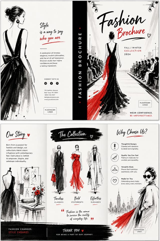 Fashion Brochure — illustration style brochure cover, featuring model silhouette, runway, minimal modern aesthetic, monochrome with bold accent