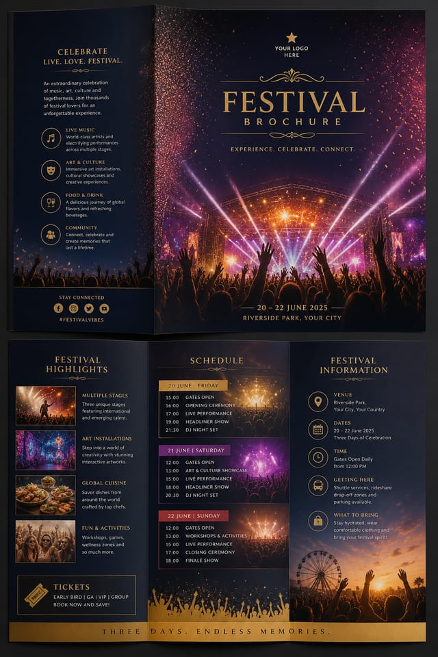 Festival Brochure — elegant style brochure cover, featuring crowd cheering, stage lights, vibrant celebration imagery