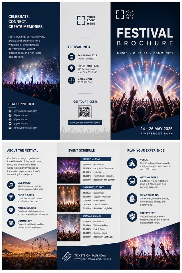 Festival Brochure — corporate style brochure cover, featuring crowd cheering, stage lights, vibrant celebration imagery