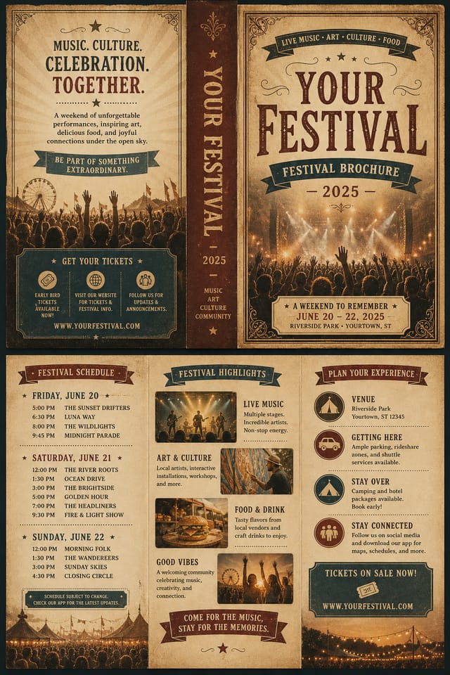 Festival Brochure — vintage style brochure cover, featuring crowd cheering, stage lights, vibrant celebration imagery