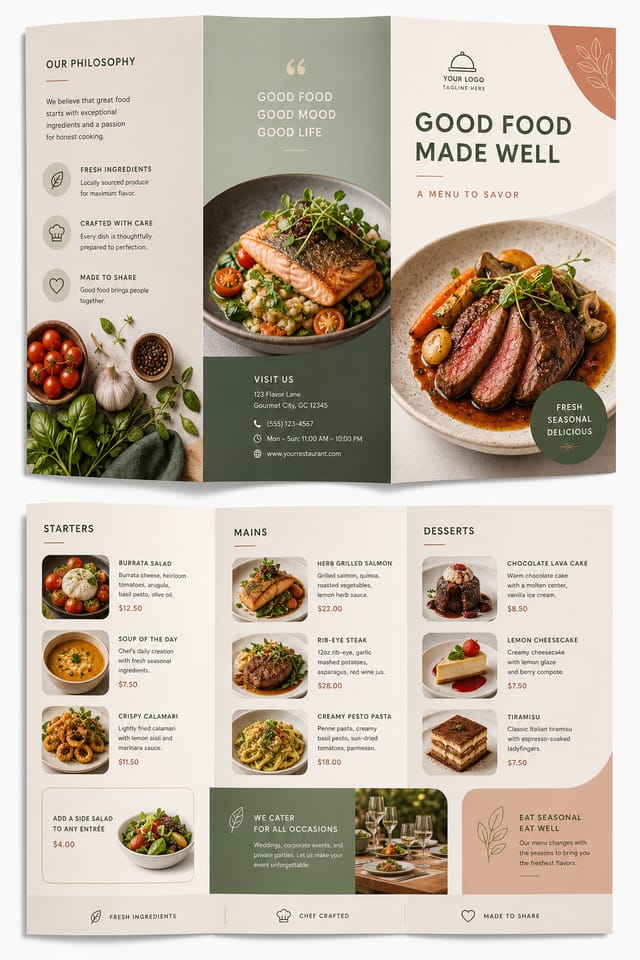 Food Brochure — modern style brochure cover, featuring gourmet dish photography, fresh ingredients, warm appetizing tones
