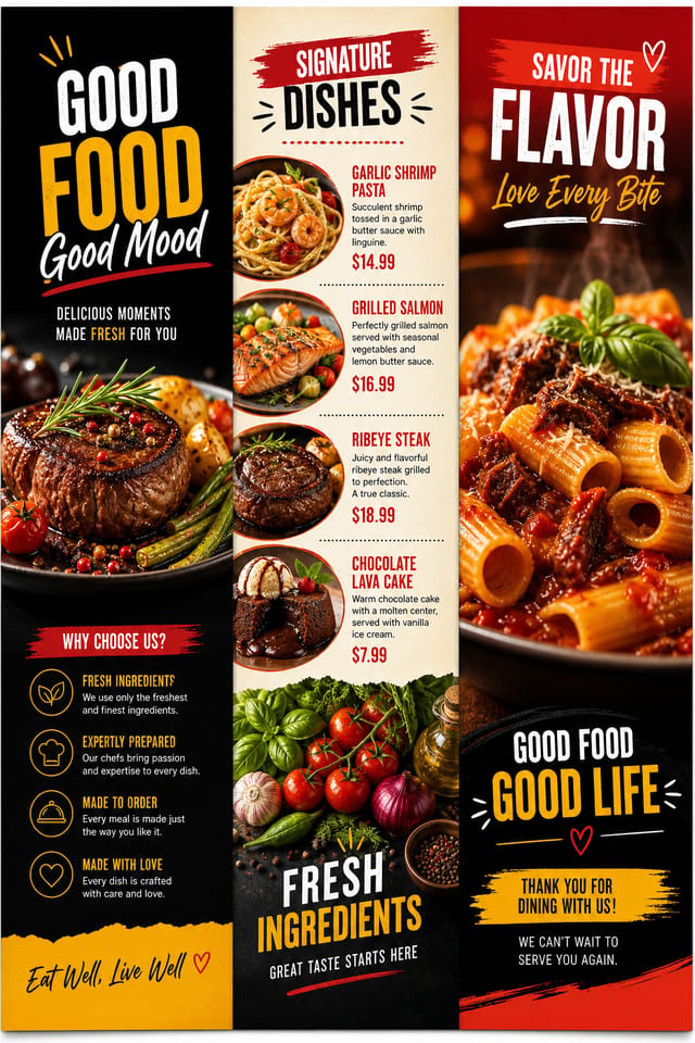 Food Brochure — vibrant style brochure cover, featuring gourmet dish photography, fresh ingredients, warm appetizing tones