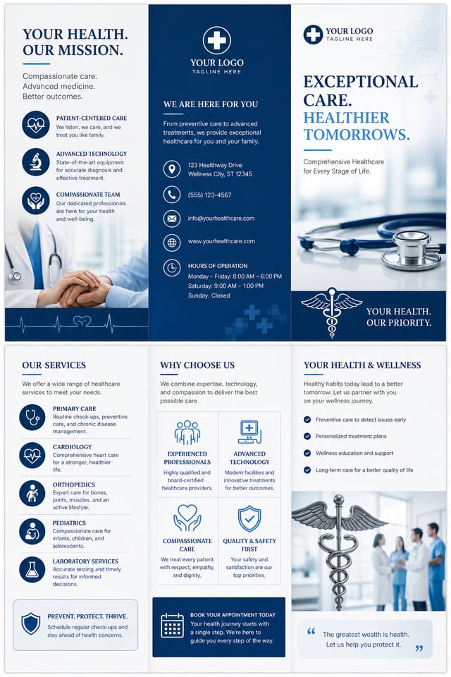 Medical Brochure — corporate style brochure cover, featuring caduceus, stethoscope, clean white/blue palette, healthcare imagery