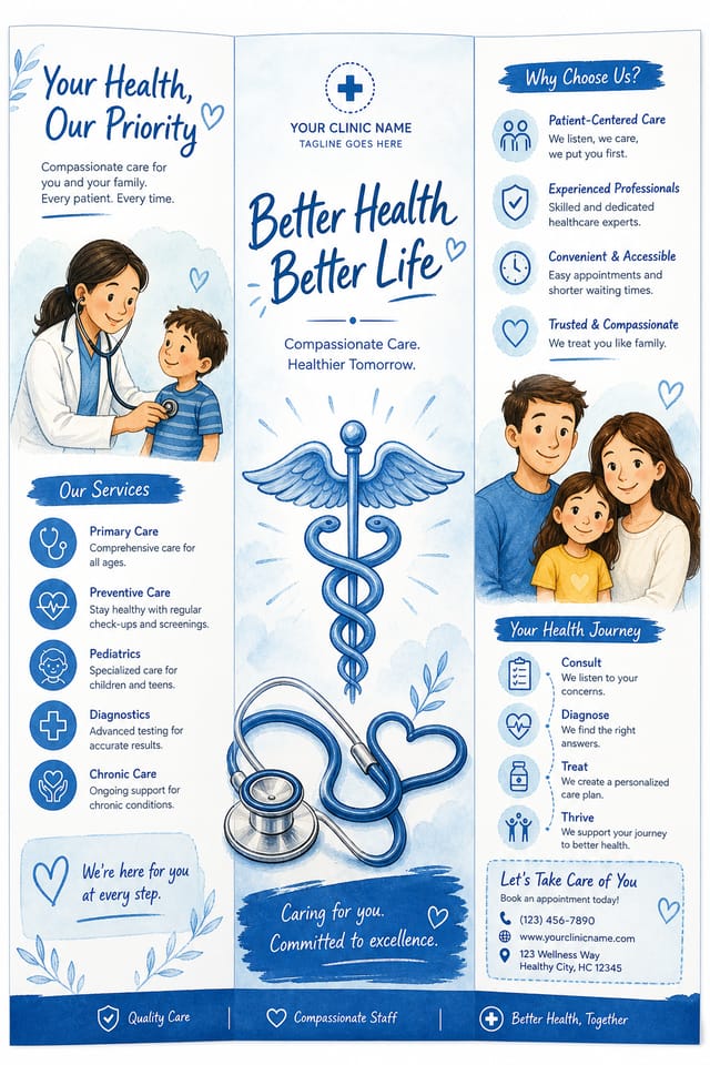 Medical Brochure — illustration style brochure cover, featuring caduceus, stethoscope, clean white/blue palette, healthcare imagery