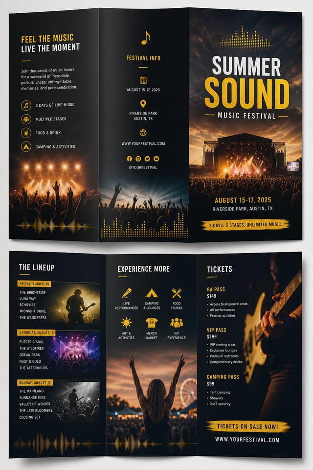 Musicfestival Brochure — photo-realistic style brochure cover, featuring musical notes, instruments, sound waves, performance imagery