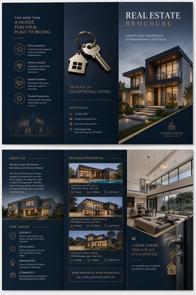 Realestate Brochure — elegant style brochure cover, featuring houses, keys, modern architecture, navy and grey palette, professional