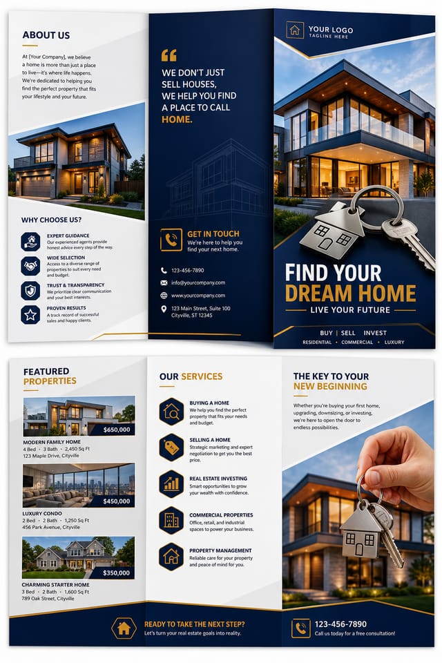Realestate Brochure — vibrant style brochure cover, featuring houses, keys, modern architecture, navy and grey palette, professional