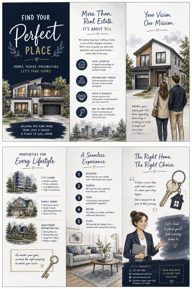 Realestate Brochure — illustration style brochure cover, featuring houses, keys, modern architecture, navy and grey palette, professional