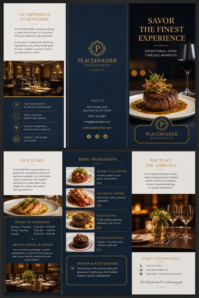 Restaurant Brochure — corporate style brochure cover, featuring culinary imagery, fine dining, elegant typography, warm gold tones
