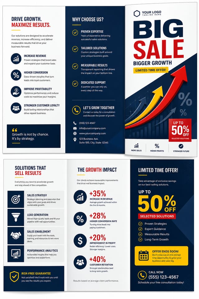 Sales Brochure — corporate style brochure cover, featuring growth arrows, percentage symbols, bold sale typography, red/yellow accents