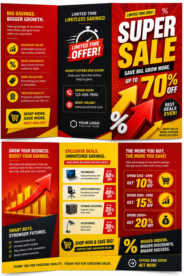Sales Brochure — vibrant style brochure cover, featuring growth arrows, percentage symbols, bold sale typography, red/yellow accents