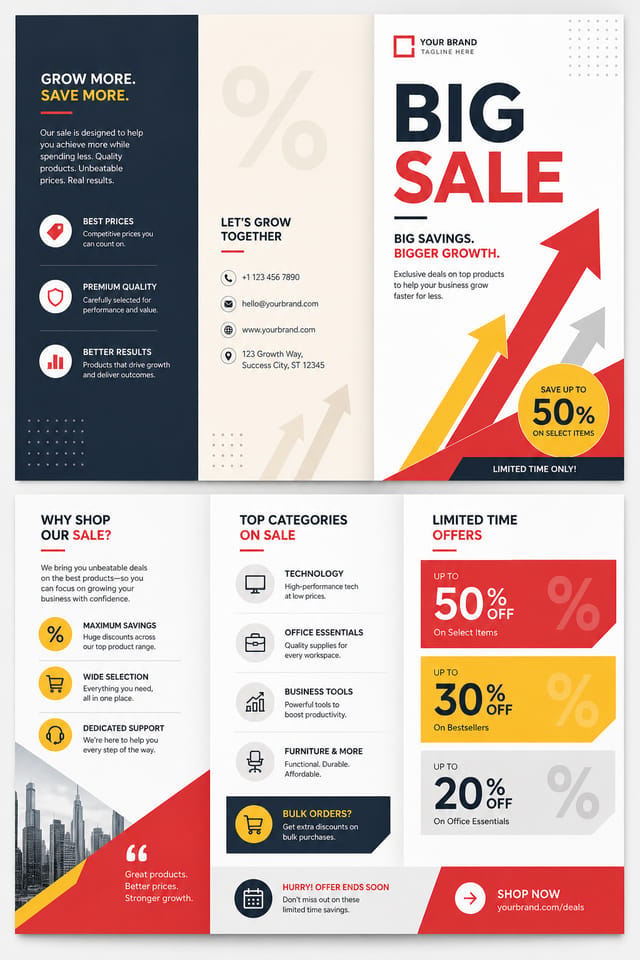 Sales Brochure — modern style brochure cover, featuring growth arrows, percentage symbols, bold sale typography, red/yellow accents