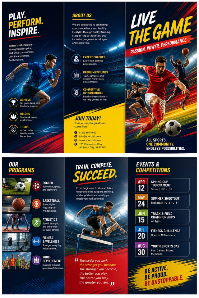 Sports Brochure — vibrant style brochure cover, featuring athletic action poses, stadium imagery, dynamic motion lines