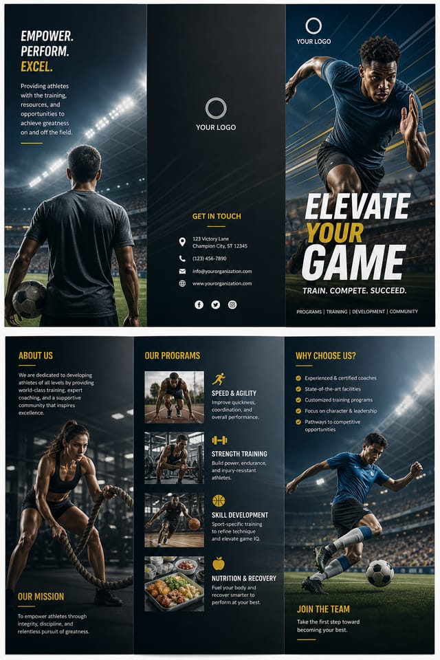 Sports Brochure — photo-realistic style brochure cover, featuring athletic action poses, stadium imagery, dynamic motion lines