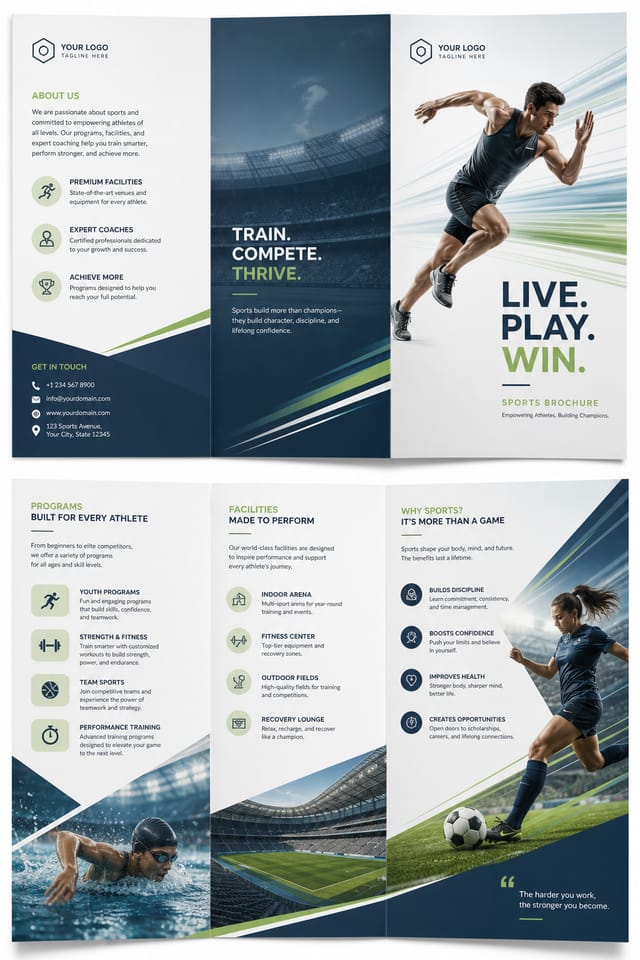 Sports Brochure — modern style brochure cover, featuring athletic action poses, stadium imagery, dynamic motion lines