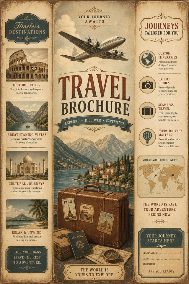 Travel Brochure — vintage style brochure cover, featuring landmarks, suitcase, plane, scenic vistas