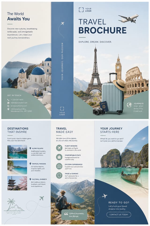 Travel Brochure — modern style brochure cover, featuring landmarks, suitcase, plane, scenic vistas