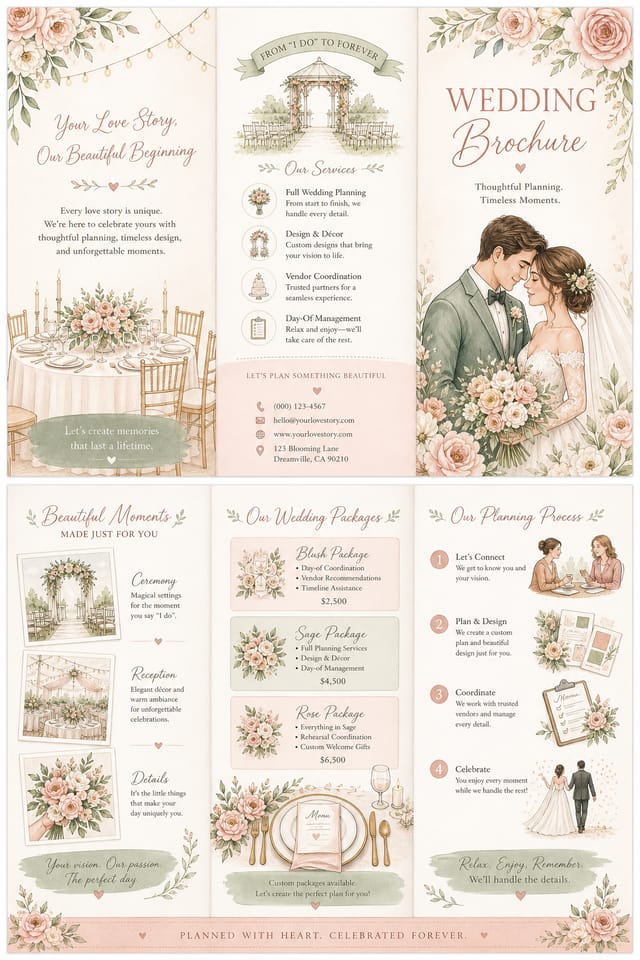 Wedding Brochure — illustration style brochure cover, featuring romantic floral arrangements, soft pastels (blush, ivory, sage), elegant calligraphy