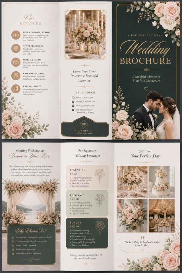 Wedding Brochure — elegant style brochure cover, featuring romantic floral arrangements, soft pastels (blush, ivory, sage), elegant calligraphy