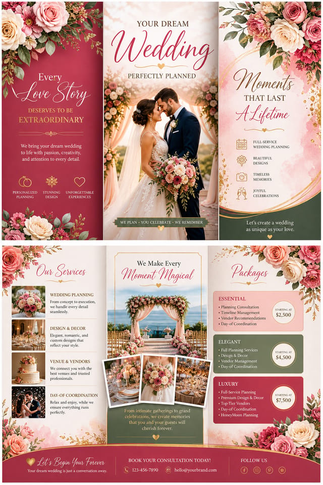 Wedding Brochure — vibrant style brochure cover, featuring romantic floral arrangements, soft pastels (blush, ivory, sage), elegant calligraphy