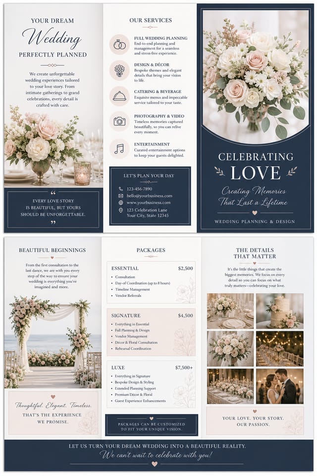 Wedding Brochure — corporate style brochure cover, featuring romantic floral arrangements, soft pastels (blush, ivory, sage), elegant calligraphy