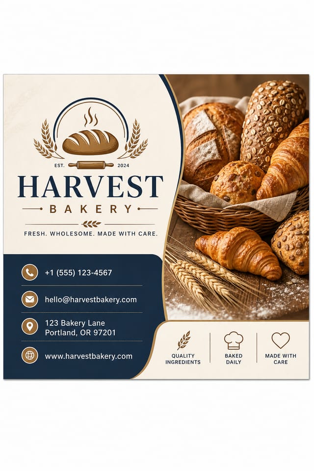 Bakery Business Card — corporate style business card design, featuring bread loaves, croissants, wheat, warm brown and cream palette, pastry imagery
