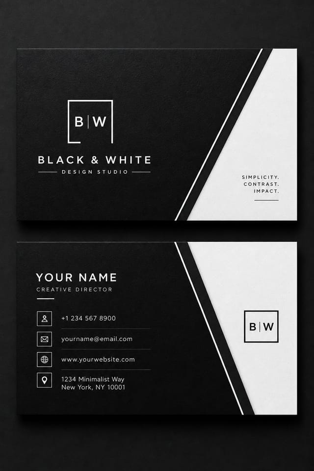 Black & White Business Card — modern style business card design, featuring deep black with subtle texture, premium minimalism