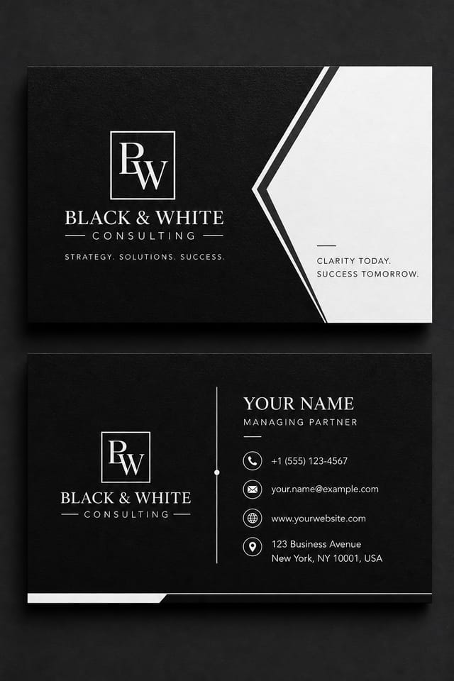 Black & White Business Card — corporate style business card design, featuring deep black with subtle texture, premium minimalism
