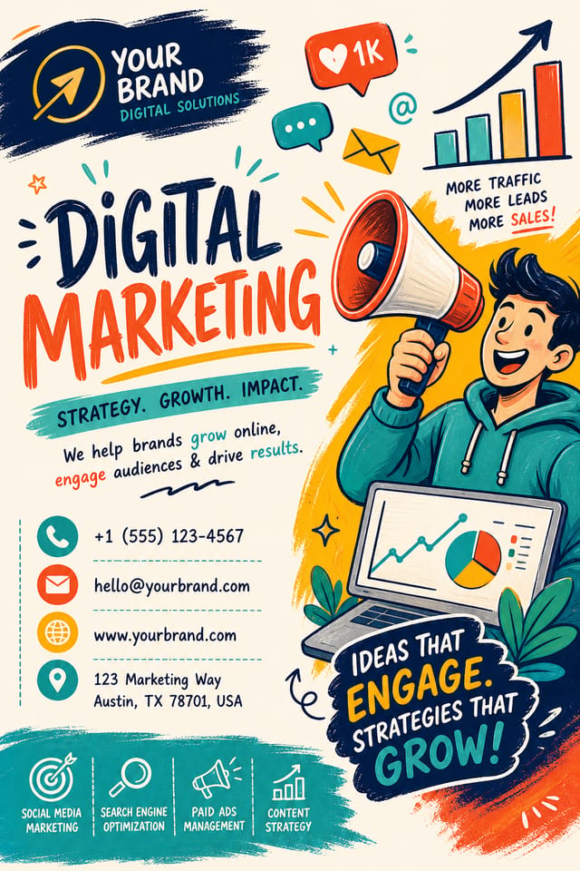 Digital Marketing Business Card — illustration style business card design, featuring megaphone, growth charts, dynamic typography, vibrant palette