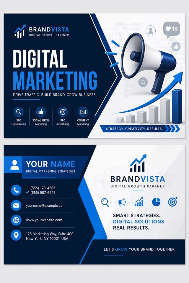 Digital Marketing Business Card — corporate style business card design, featuring megaphone, growth charts, dynamic typography, vibrant palette