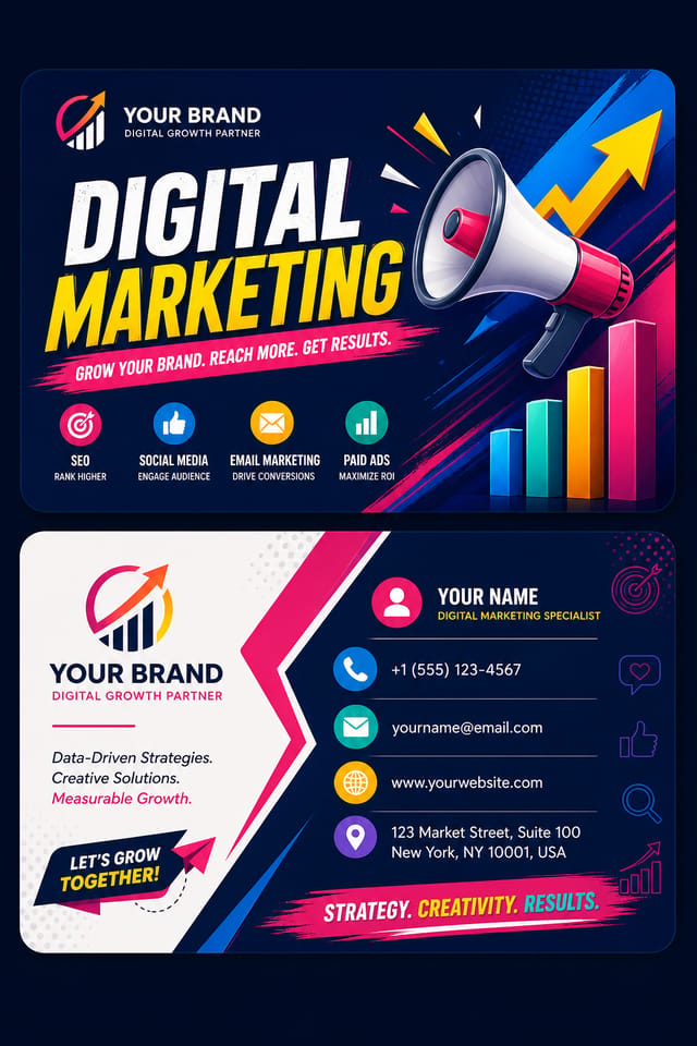 Digital Marketing Business Card — vibrant style business card design, featuring megaphone, growth charts, dynamic typography, vibrant palette