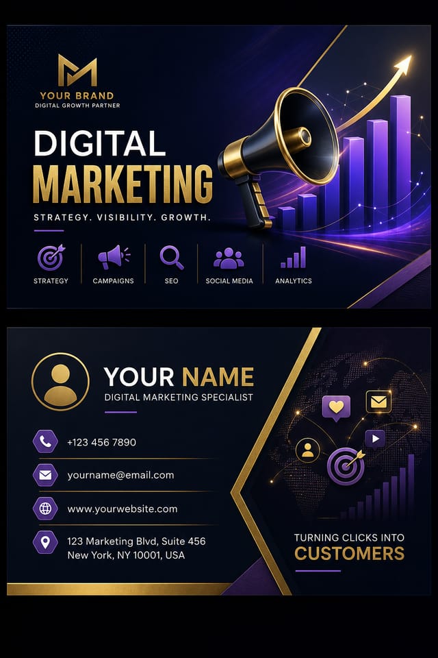 Digital Marketing Business Card — elegant style business card design, featuring megaphone, growth charts, dynamic typography, vibrant palette