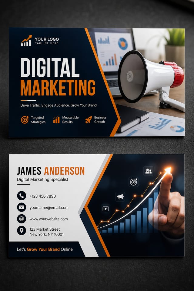 Digital Marketing Business Card — photo-realistic style business card design, featuring megaphone, growth charts, dynamic typography, vibrant palette